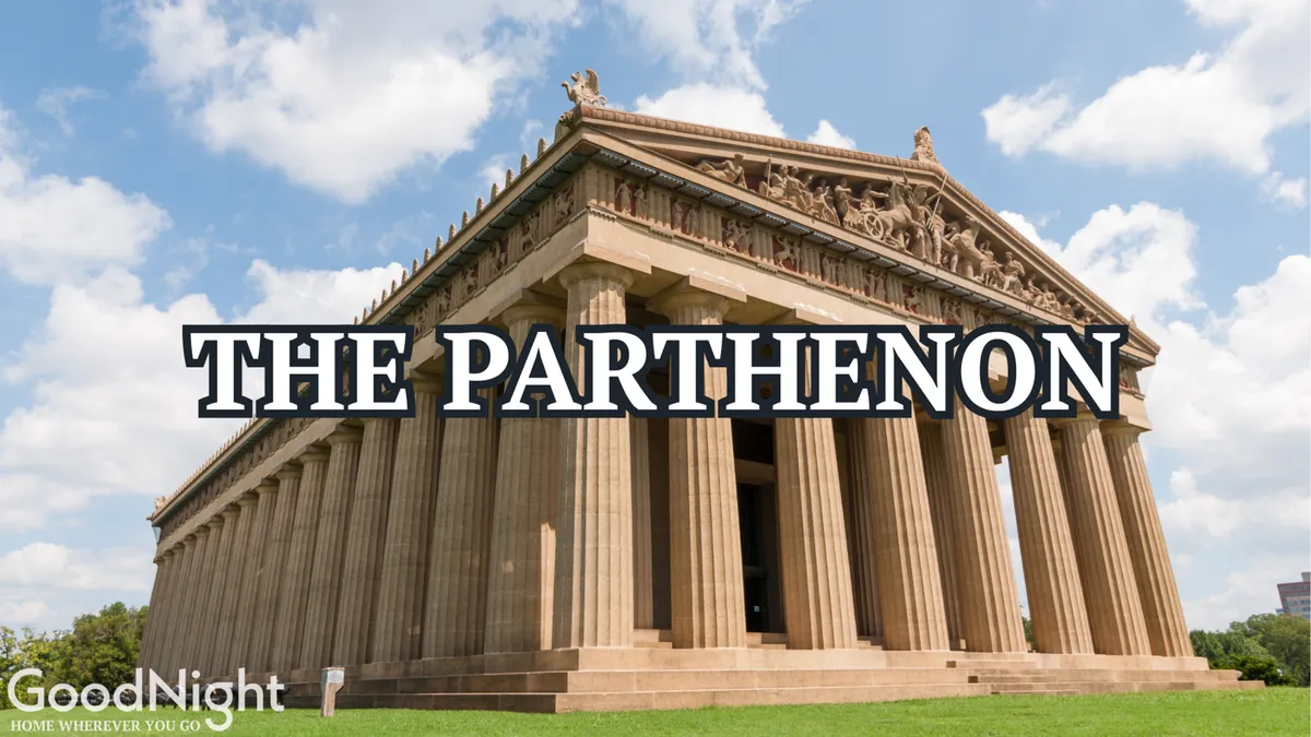 This image prominently features the Parthenon structure in Centennial Park, with its majestic columns and intricate sculptural details. Visitors can be seen exploring the area, capturing the sense of historical significance and artistic grandeur. The setting is bright and welcoming, inviting exploration and discovery.
