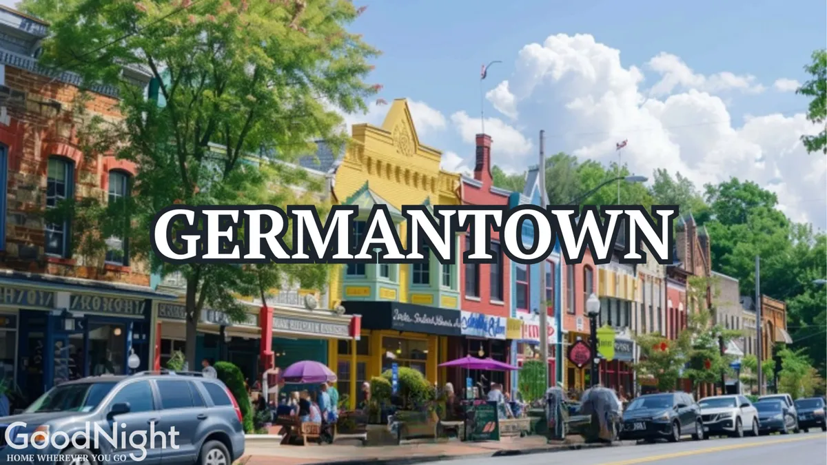 A bustling city street scene of colorful storefronts, leafy trees, and pedestrians under umbrellas. People are shopping, dining at sidewalk tables, and socializing, creating a lively urban environment. Storefronts hint at local businesses and eateries, reflecting the area's vibrant local culture.