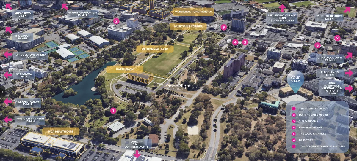 A sweeping cityscape view capturing Vanderbilt University, Centennial Park, Music Row, and Nissan Stadium in the distance. The image exudes an energetic, youthful vibe, with prominent landmarks easily visible and the warm glow of sunset falling over the park and nearby attractions.