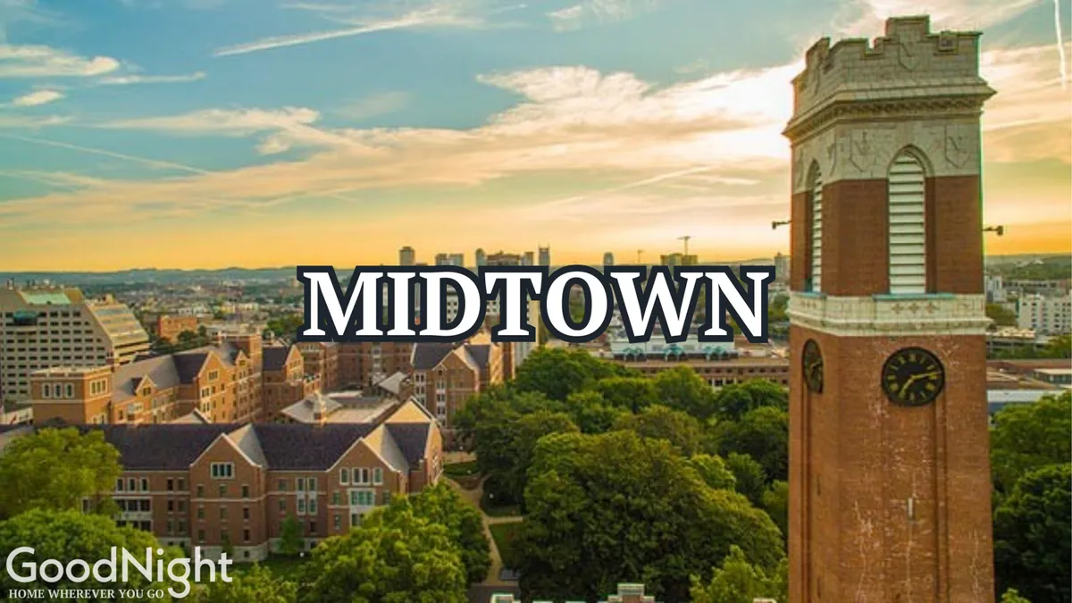 A panoramic city view capturing the Nashville skyline, historic buildings, a prominent clock tower, and leafy green trees. The scene evokes the feeling of being immersed in the vibrant yet scenic urban environment, ideal for exploration and mindful moments on a balcony or stroll.